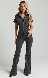 Silvena Jumpsuit - Short Sleeve Flared Denim Jumpsuit in Black Wash