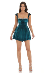 Rhinestone Velvet Puff Dress in Blue