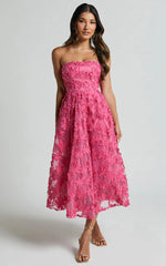 Rheiva Midi Dress - Strapless 3D Embroidery Midi Dress in Pink