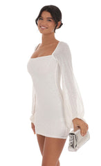 Sequin Balloon Sleeve Dress in White