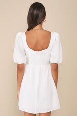 Little Bit In Love White Surplice Puff Sleeve Mini Dress