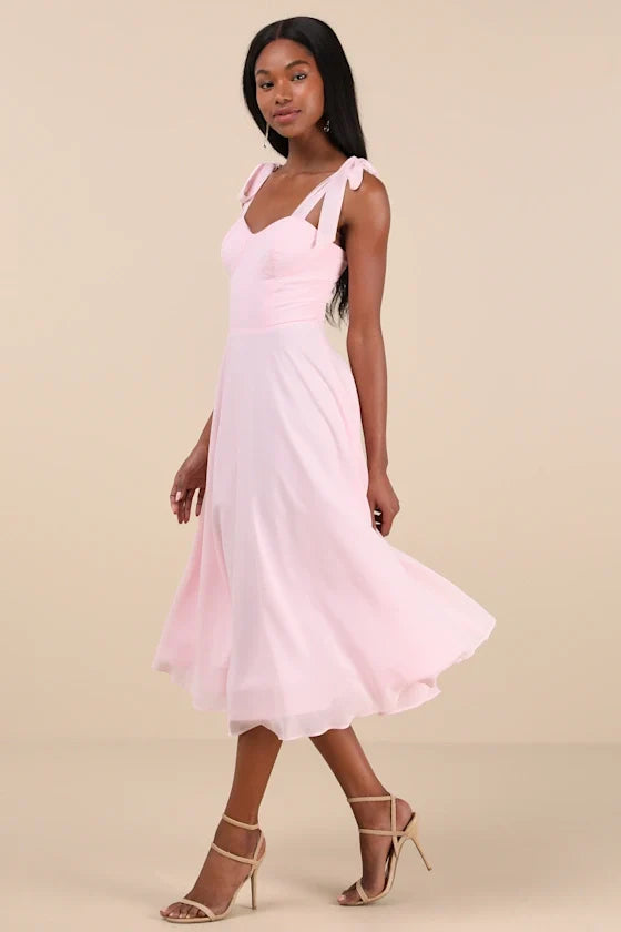Sophisticated Charisma Light Pink Tie-Strap A-Line Midi Dress