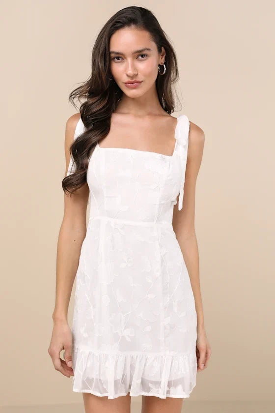 No One Prettier White Floral Embroidered Tie-Strap Mini Dress