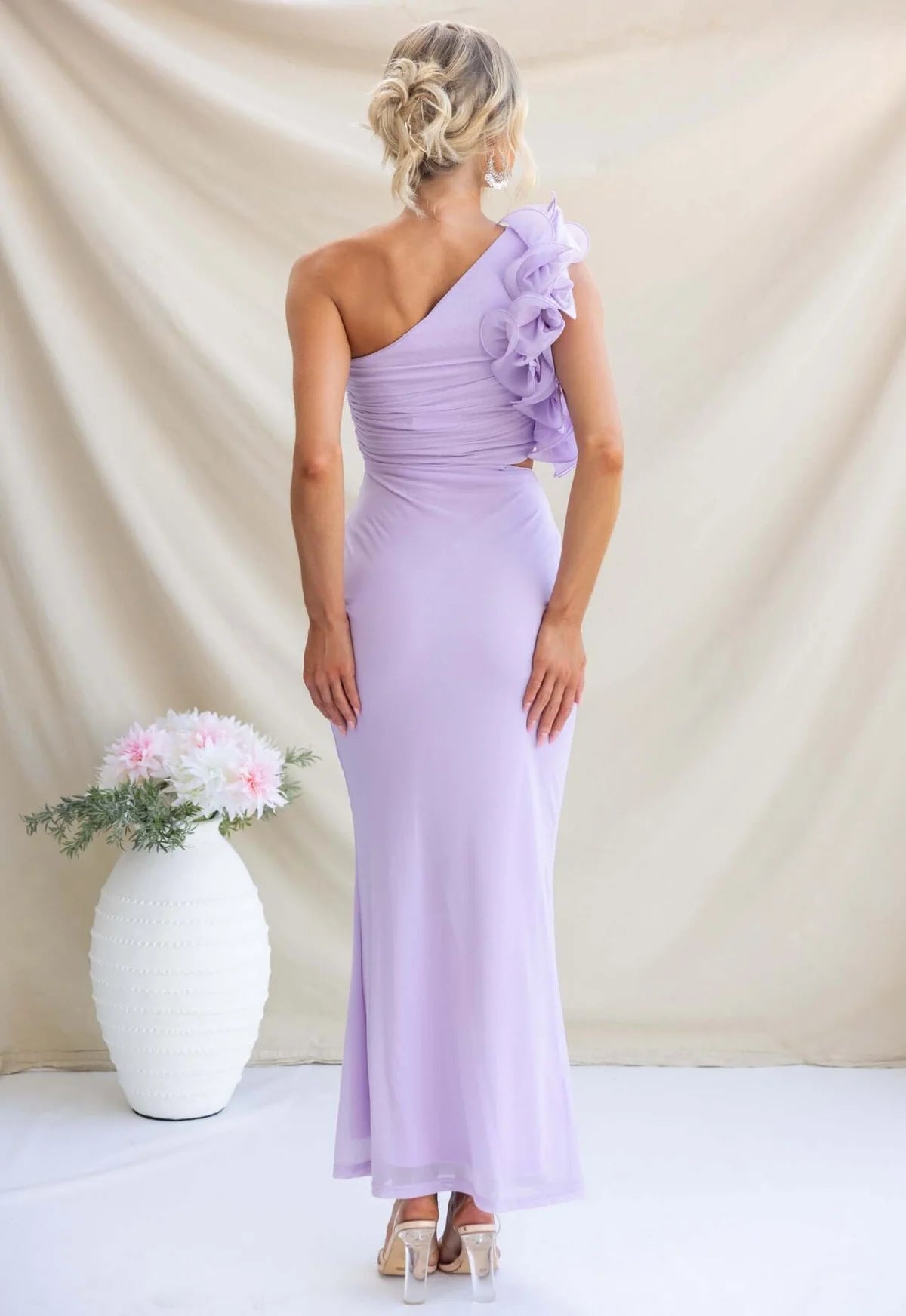 Purple Ruffle One-Shoulder Mesh Maxi Dress