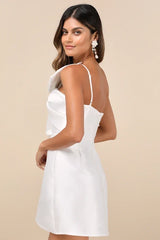 Utterly Pretty White Bow One-Shoulder Mini Dress with Pockets