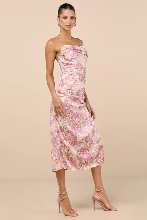 Truest Romance Pink Floral Print Sleeveless Ruched Midi Dress