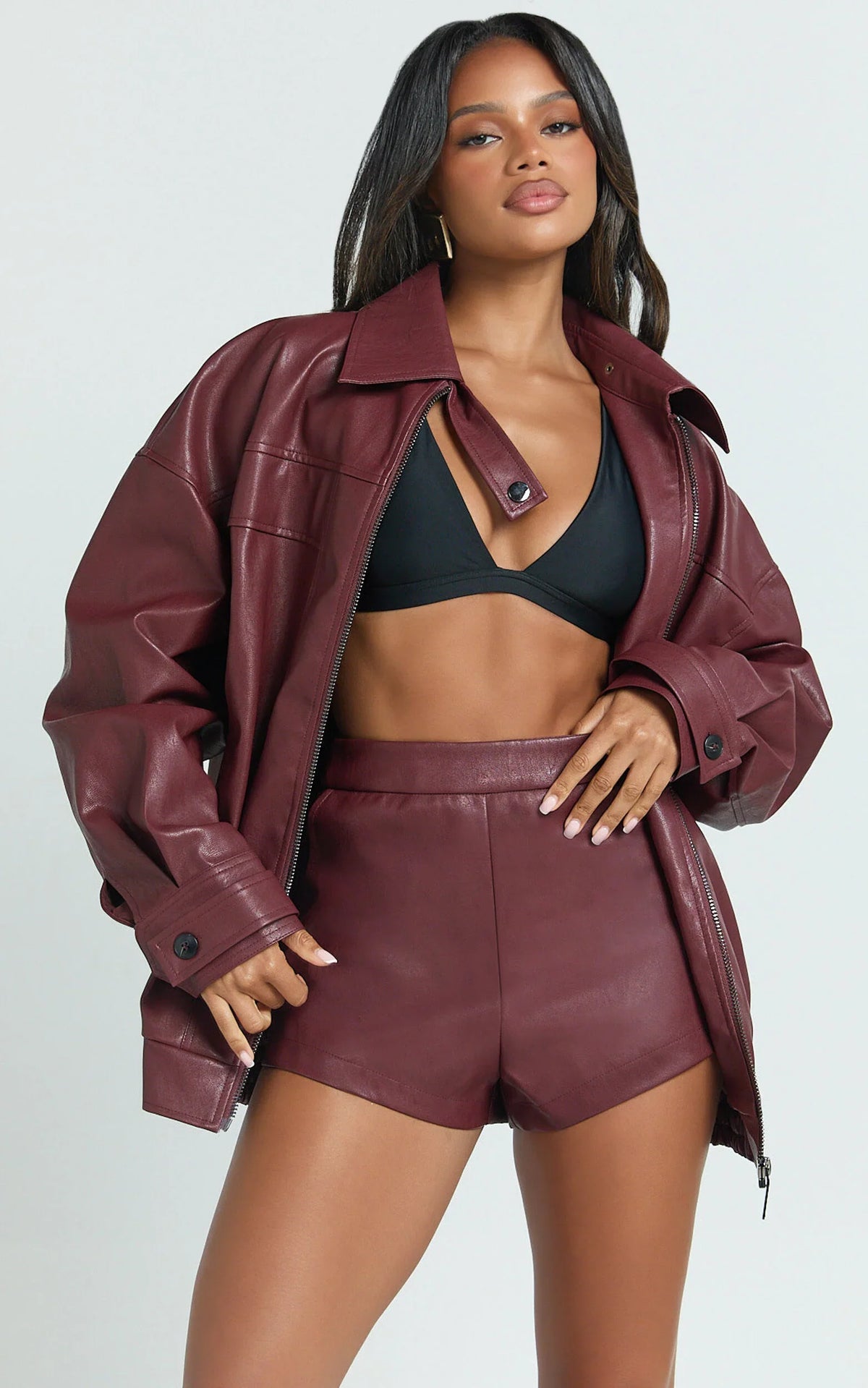Rosetta Jacket - Oversized Faux Leather Bomber Jacket in Wine