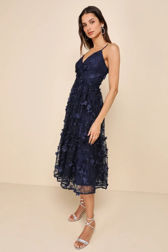 Springtime Soiree Navy Black Sequin 3D Floral Applique Midi Dress